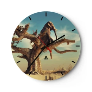 Wanduhr - Glasuhr - Ein Elefant sitzt auf einem Baum in einer surrealen Landschaft - 30x30cm - Ein neuer Standpunkt - Moderne Wanddekoration für Wohnzimmer, Küche und Schlafzimmer ARTTOR