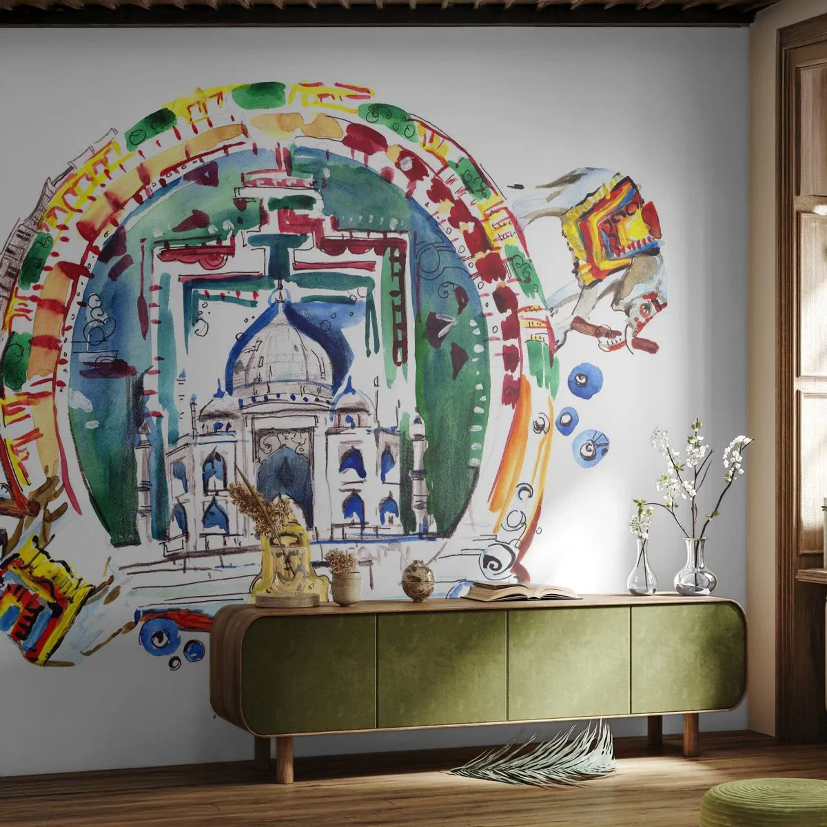 Fototapete Premium Sand - Aquarellillustration mit indischen Kulturmotiven - 100x70cm - Hinduistisches Weltgleichgewicht - Moderne Wanddekoration für Wohnzimmer und Schlafzimmer ARTTOR