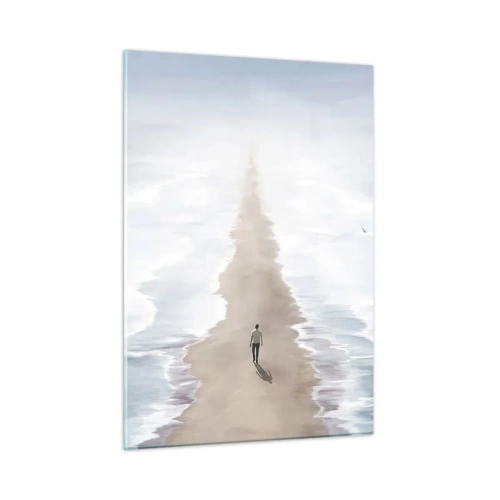 Glasbild - Bild auf glas - Eine Gestalt, die allein zwischen den Wellen zum Horizont geht - 50x70cm - Glänzende Zukunft - Moderne Wanddekoration für Wohnzimmer und Schlafzimmer ARTTOR
