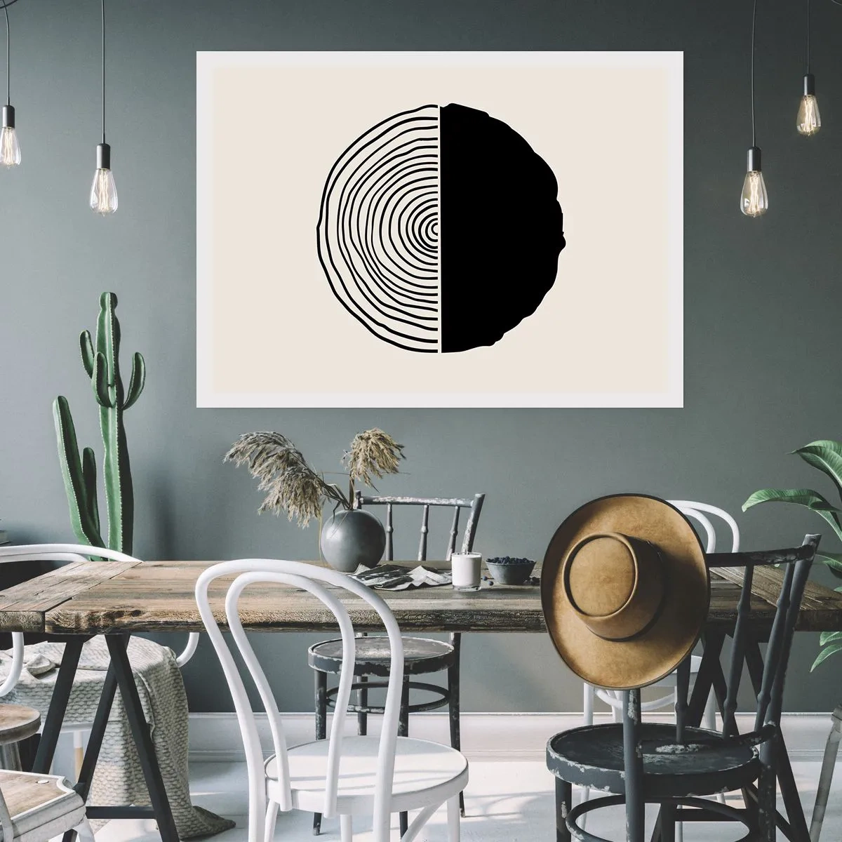 Poster - Ein abstraktes Schwarz-Weiß-Motiv, inspiriert von einem Holzquerschnitt mit geometrischer Unterteilung. - 100x70cm - Halb und halb - Moderne Wanddekoration für Wohnzimmer und Schlafzimmer ARTTOR