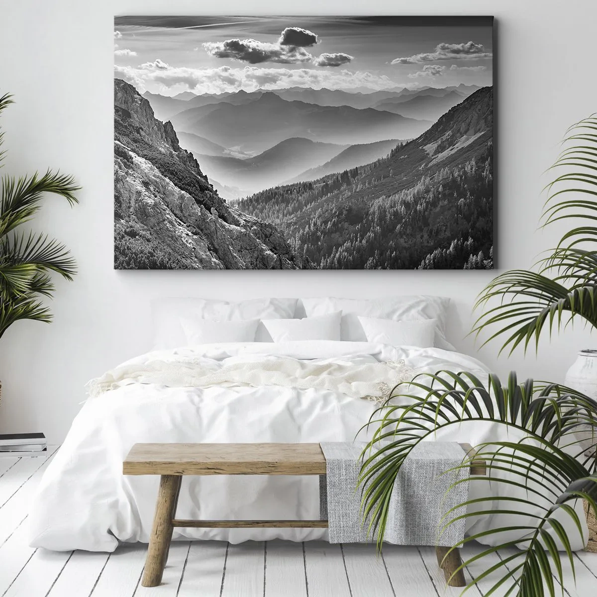 Bild auf Leinwand - Leinwandbild - Schwarz-weiße Berglandschaft mit Wolken über den Gipfeln - 120x80cm - Bis zum Horizont - Moderne Wanddekoration für Wohnzimmer und Schlafzimmer ARTTOR