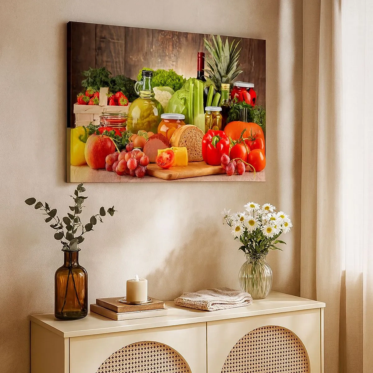 Bild auf Leinwand - Leinwandbild - Buntes Obst, Gemüse und Lebensmittel - 70x50cm - Geräuchert, gebacken und eingelegt - Moderne Wanddekoration für Wohnzimmer und Schlafzimmer ARTTOR