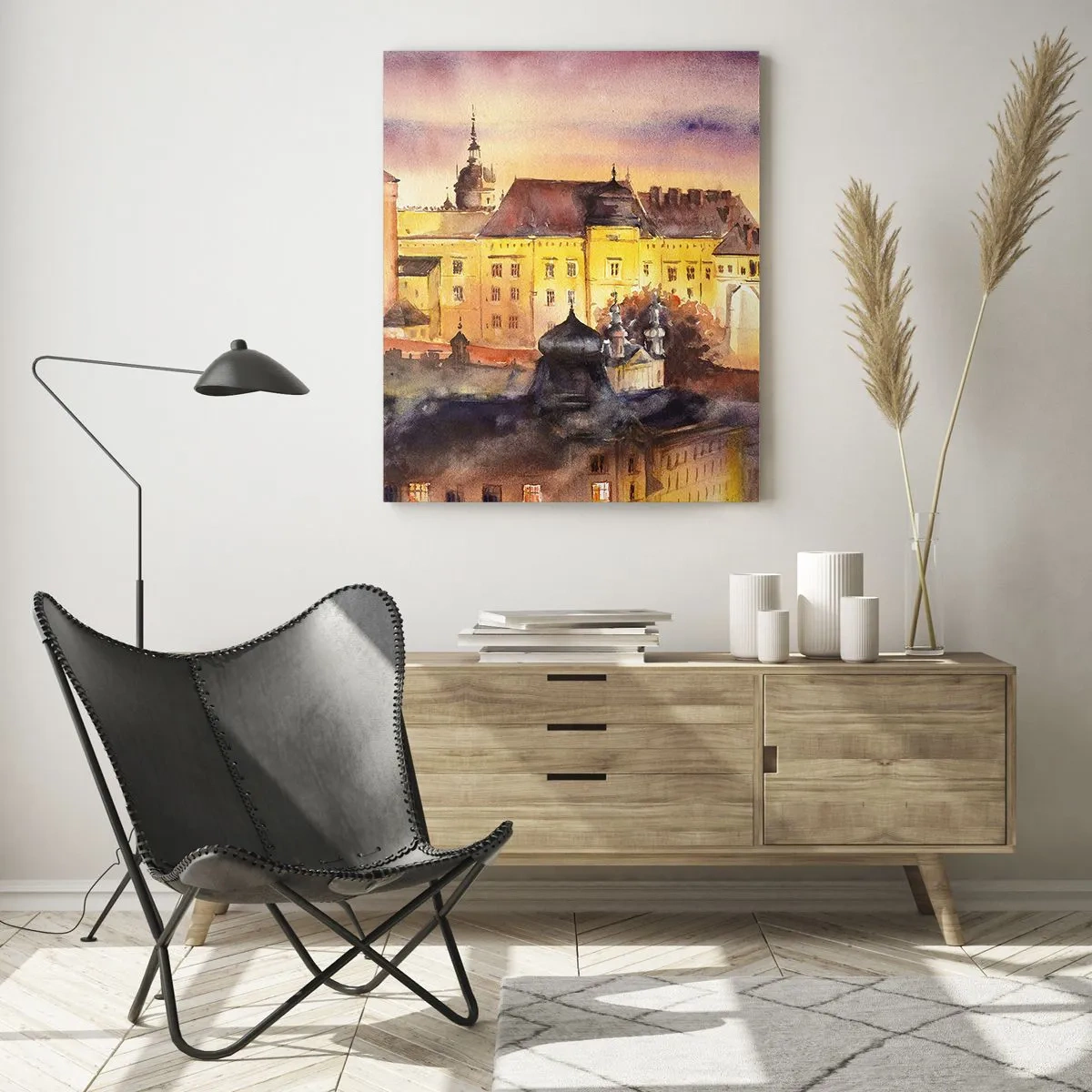 Glasbild - Bild auf glas - Aquarell-Illustration einer Burg auf einem Hügel bei Sonnenuntergang - 50x70cm - Geschichte und Märchen - Moderne Wanddekoration für Wohnzimmer und Schlafzimmer ARTTOR
