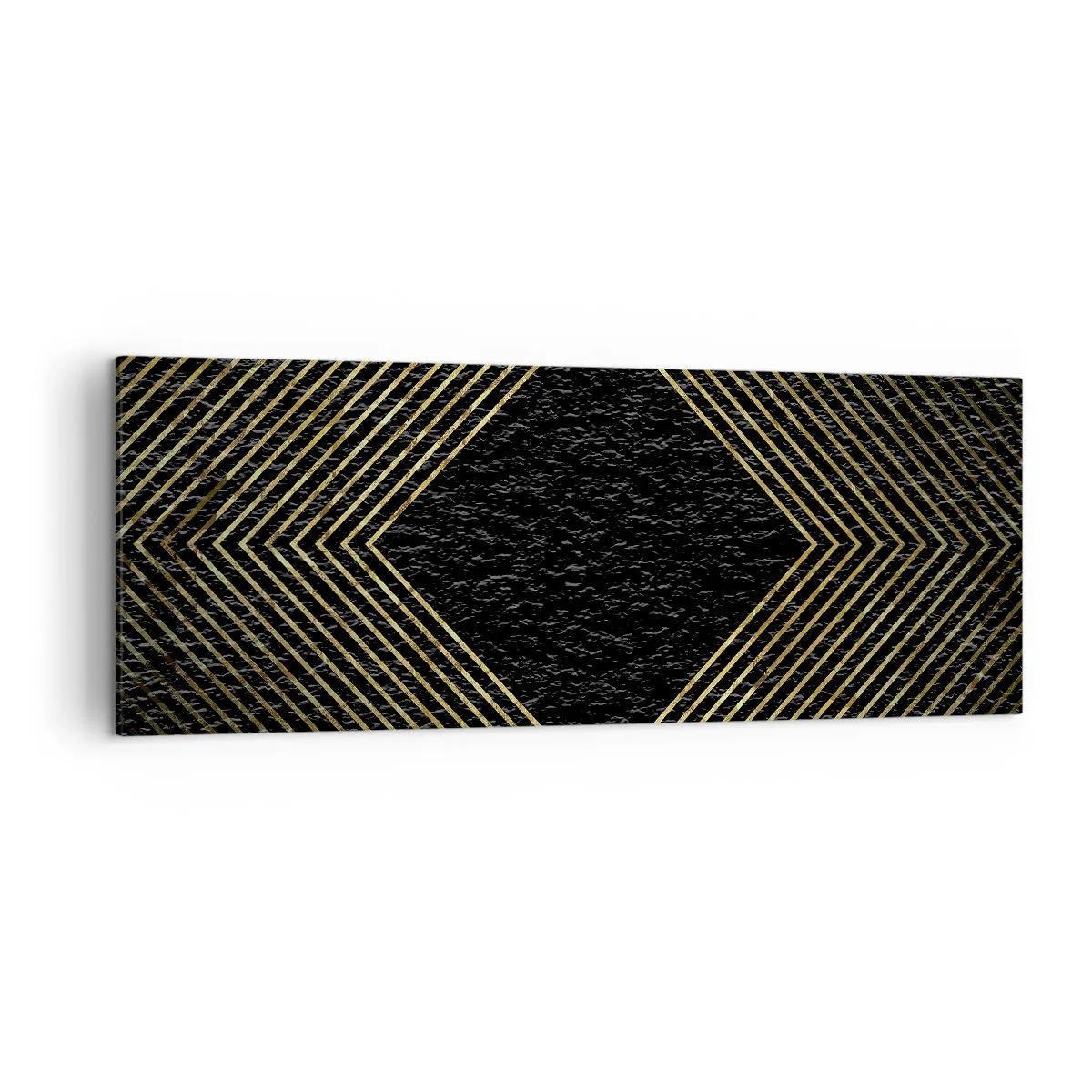 Bild auf Leinwand - Leinwandbild - Schwarzer Hintergrund mit einem geometrischen Muster aus goldenen Linien - 140x50cm - Geometrie im glamourösen Stil - Moderne Wanddekoration für Wohnzimmer und Schlafzimmer ARTTOR