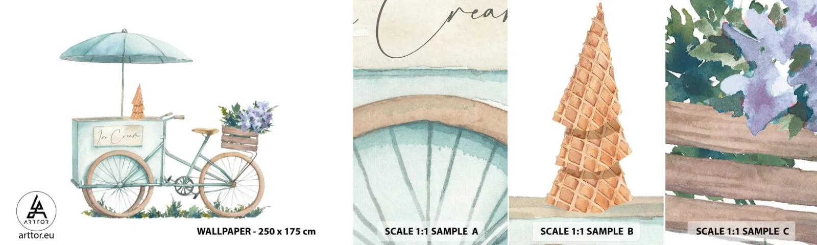 Fototapetenmuster Standard Eco - Süße Erinnerung an den Sommer - Pastell, Eiscreme, Fahrrad - 100x30 cm