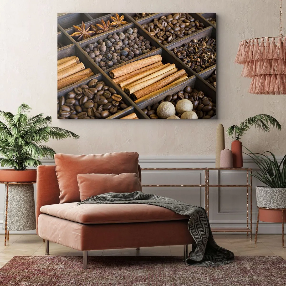 Bild auf Leinwand - Leinwandbild - Gewürze und Kaffee in Holzfächern - 100x70cm - Eine Fundgrube an Aromen - Moderne Wanddekoration für Wohnzimmer und Schlafzimmer ARTTOR