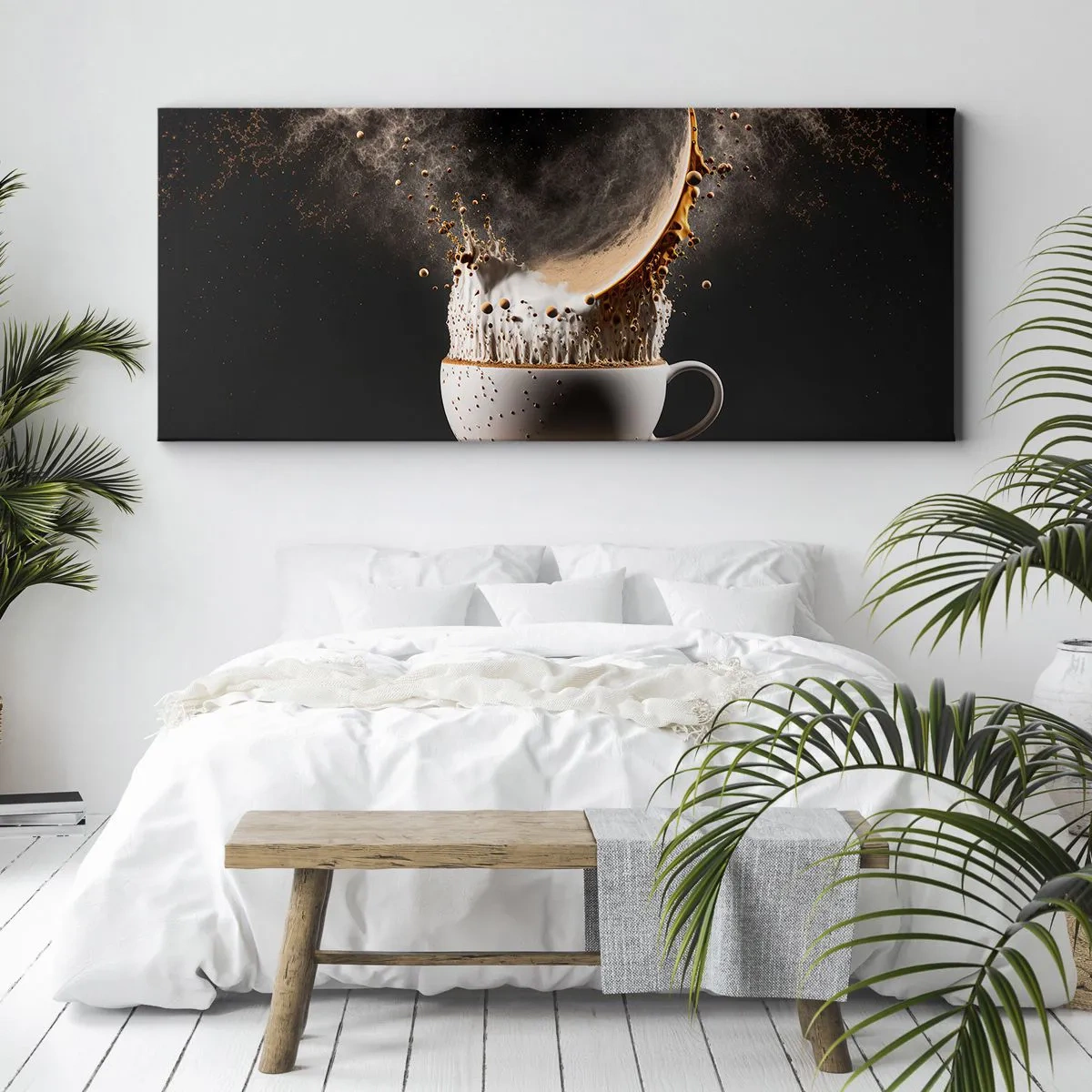 Bild auf Leinwand - Leinwandbild - Eine Tasse Kaffee mit einer dynamischen Flüssigkeitsexplosion auf schwarzem Hintergrund. - 120x50cm - Geschmacksexplosion - Moderne Wanddekoration für Wohnzimmer und Schlafzimmer ARTTOR