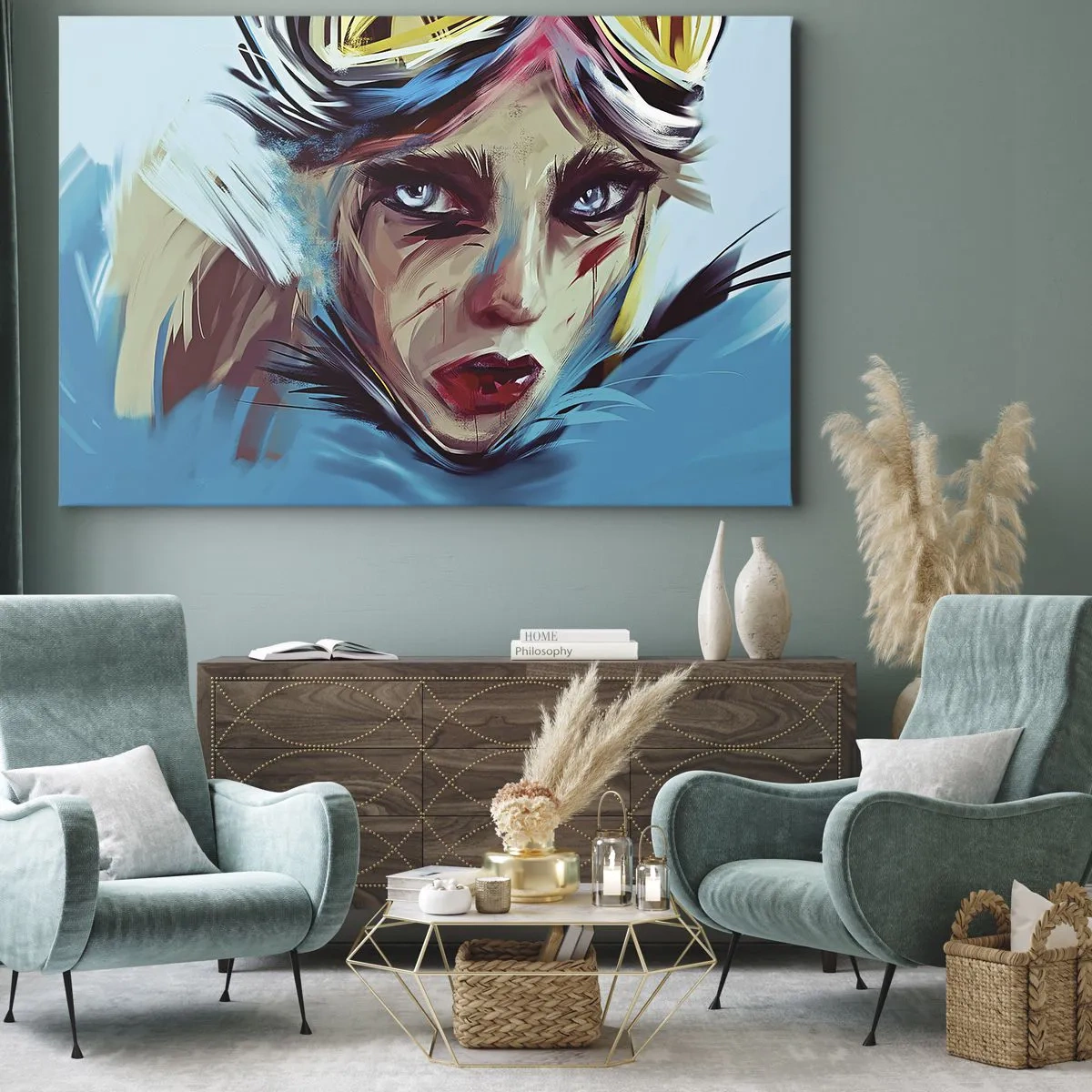 Bild auf Leinwand - Leinwandbild - Porträt einer Frau in dynamischen Farben und einem abstrakten Stil - 70x50cm - Strassenkämpferin - Moderne Wanddekoration für Wohnzimmer und Schlafzimmer ARTTOR
