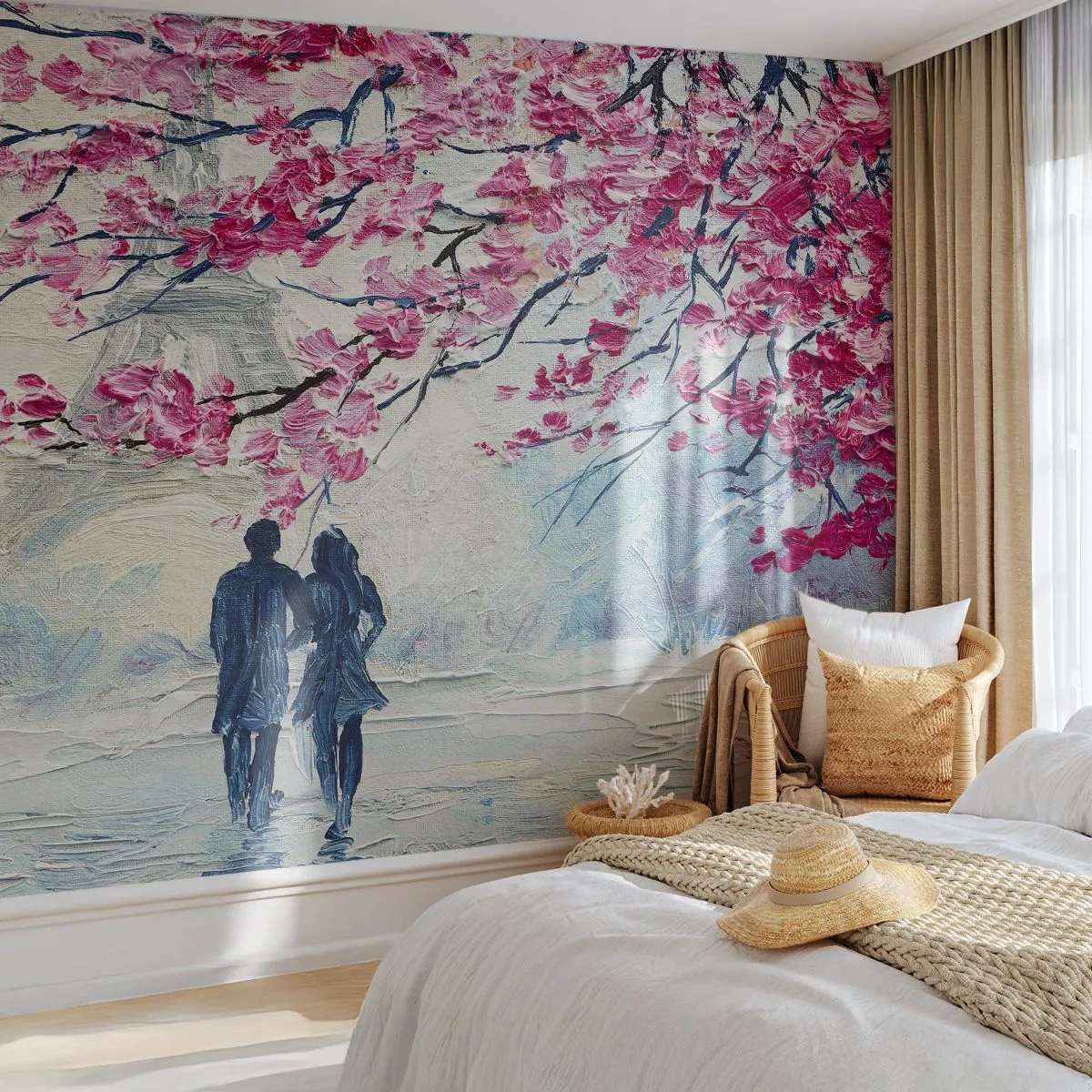 Fototapete Premium Canvas - Ein Paar unter blühenden rosa Bäumen in romantischer Umgebung - 100x70cm - Romantischer Spaziergang - Moderne Wanddekoration für Wohnzimmer und Schlafzimmer ARTTOR