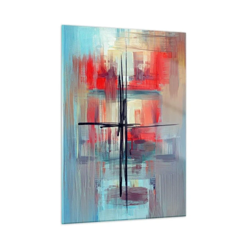 Glasbild - Bild auf glas - Eine farbenfrohe Abstraktion mit Rot und Blau, inspiriert von einer Landschaft. - 50x70cm - Landschaft in einer unbekannten Dimension - Moderne Wanddekoration für Wohnzimmer und Schlafzimmer ARTTOR