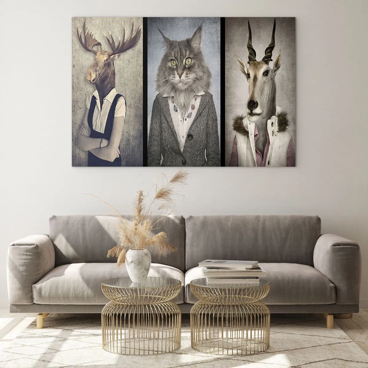 Glasbild - Bild auf glas - Drei surreale Tierporträts in eleganten menschlichen Kostümen. - 70x50cm - Pelze sind wieder in Mode - Moderne Wanddekoration für Wohnzimmer und Schlafzimmer ARTTOR