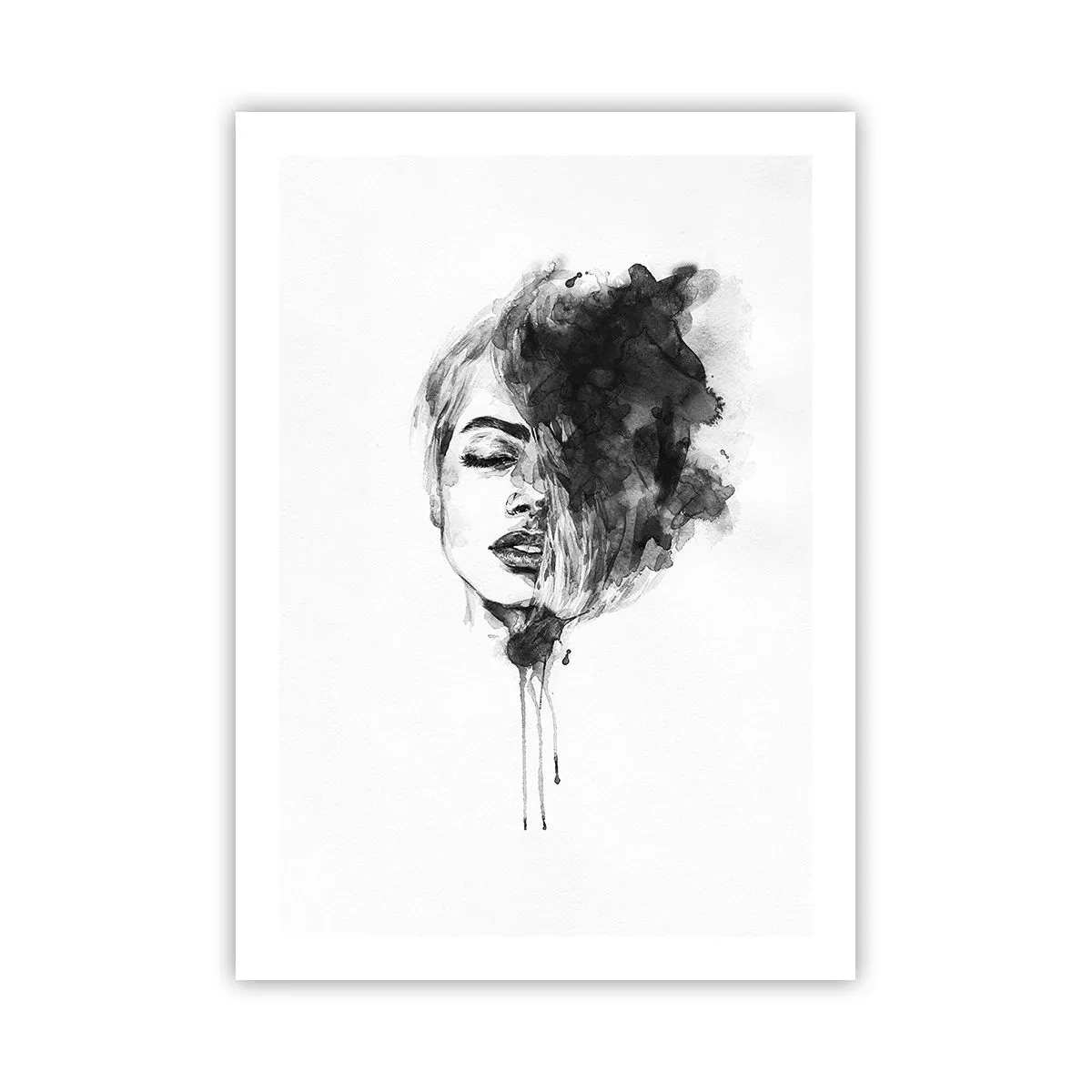Poster - Porträt einer Frau in Schwarz-Weiß-Aquarell - 50x70cm - Wovon träumt das Mädchen - Moderne Wanddekoration für Wohnzimmer und Schlafzimmer ARTTOR