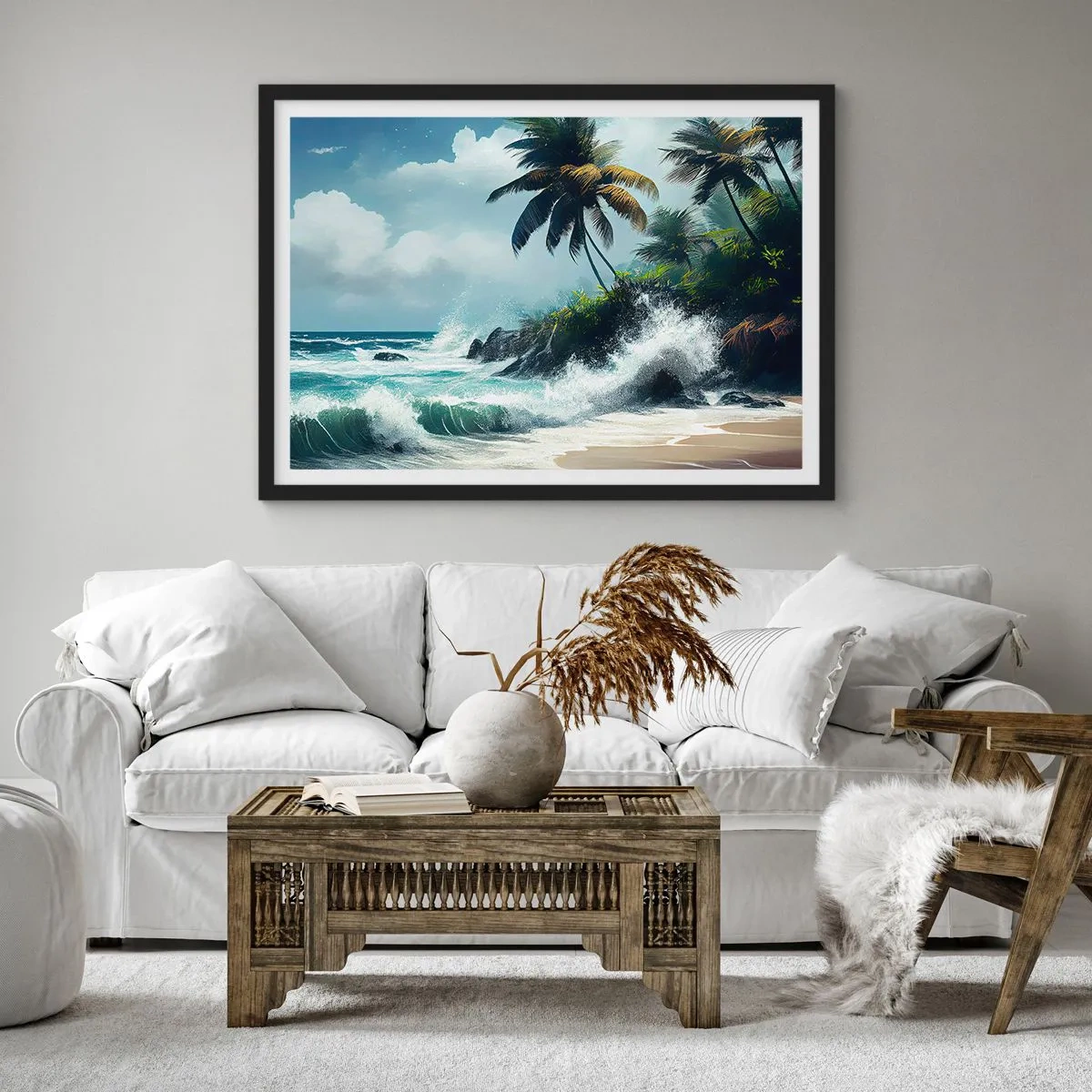 Poster in einem schwarzem Rahmen - Tropische Küste mit Palmen und rauer See - 70x50cm - Am tropischen Ufer - Moderne Wanddekoration für Wohnzimmer und Schlafzimmer ARTTOR