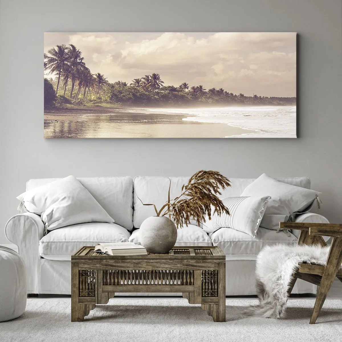 Bild auf Leinwand - Leinwandbild - Ein Strand mit Palmen und sanften Wellen am Morgen - 160x50cm - Die Liebkosung der Wellen - Moderne Wanddekoration für Wohnzimmer und Schlafzimmer ARTTOR