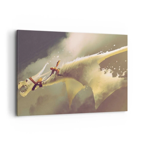 Bild auf Leinwand - Leinwandbild - Illustration eines Drachenreiters in einer Fantasy-Wolkenlandschaft - 100x70cm - Die Welt zur Rettung - Moderne Wanddekoration für Wohnzimmer und Schlafzimmer ARTTOR