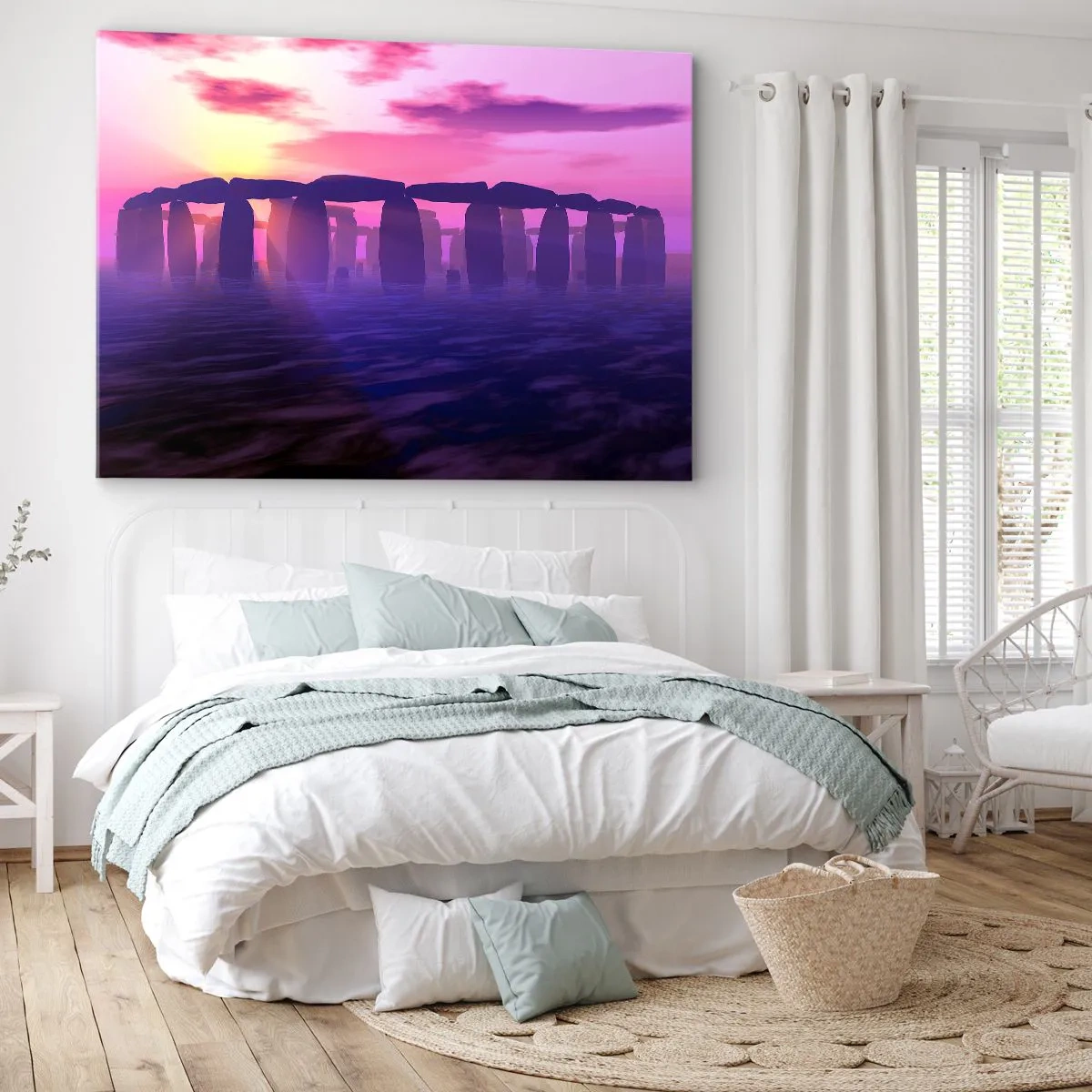 Bild auf Leinwand - Leinwandbild - Steinkreis bei Sonnenuntergang mit violettem Himmel - 100x70cm - Geheimnis im Morgengrauen im Nebel - Moderne Wanddekoration für Wohnzimmer und Schlafzimmer ARTTOR