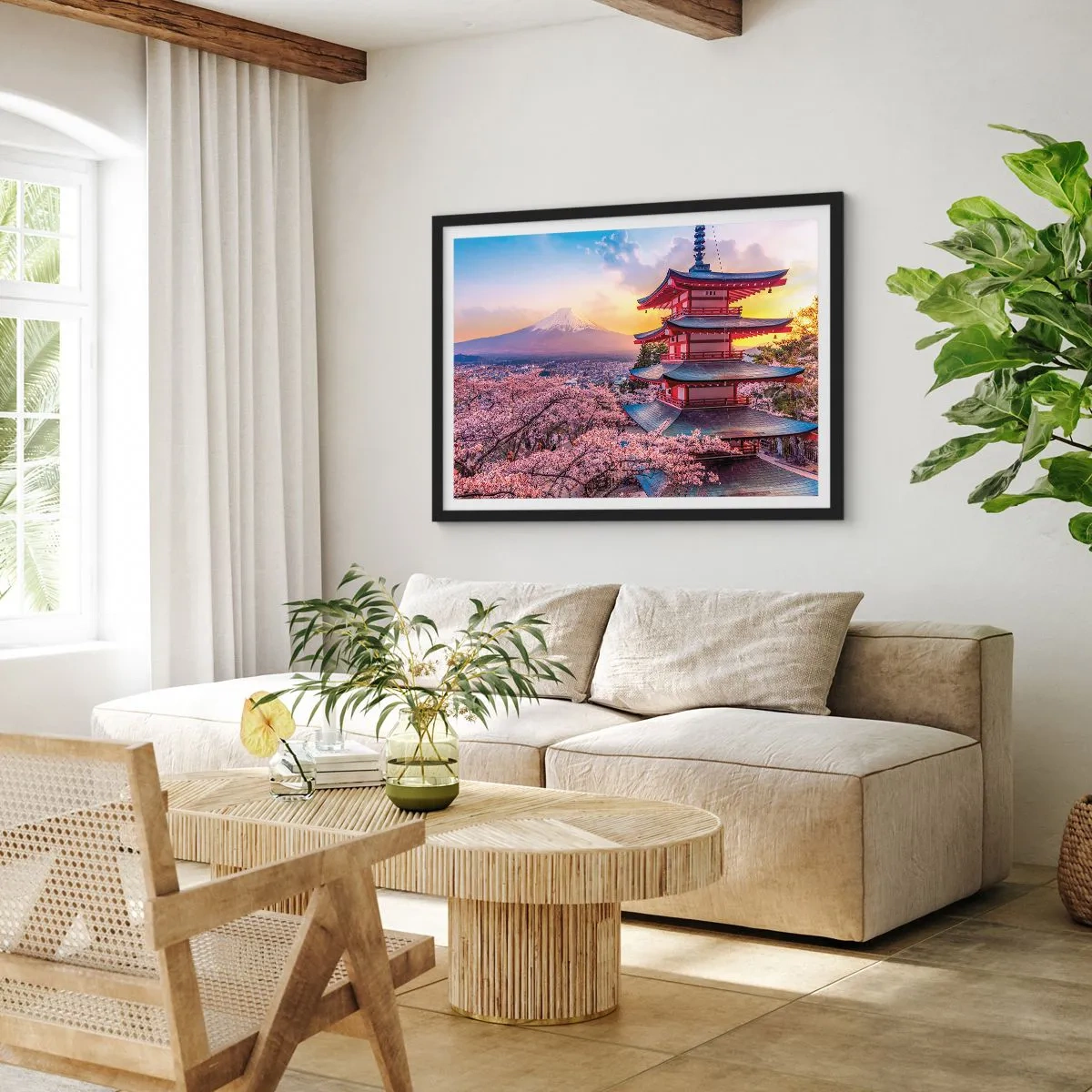 Poster in einem schwarzem Rahmen - Eine Pagode in Japan mit Kirschblüten und dem Berg Fuji - 100x70cm - Die Essenz des japanischen Geistes - Moderne Wanddekoration für Wohnzimmer und Schlafzimmer ARTTOR
