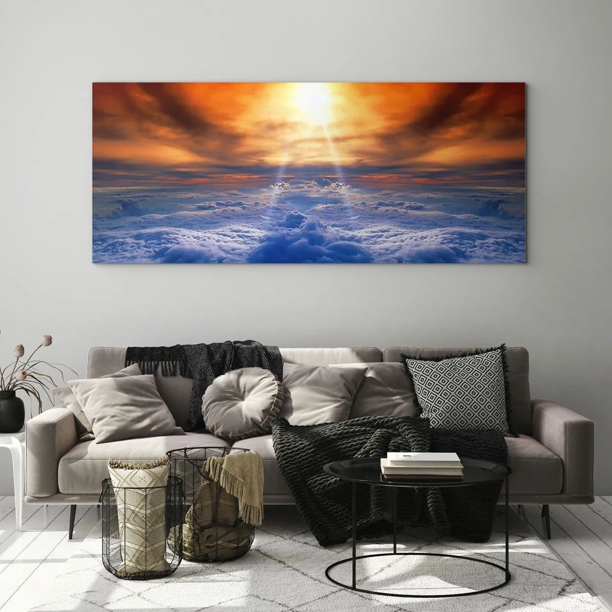 Glasbild - Bild auf glas - Sonnenuntergang über den Wolken, der Himmel voller goldener Farben und Licht. - 140x50cm - Mystische Landschaft - Moderne Wanddekoration für Wohnzimmer und Schlafzimmer ARTTOR