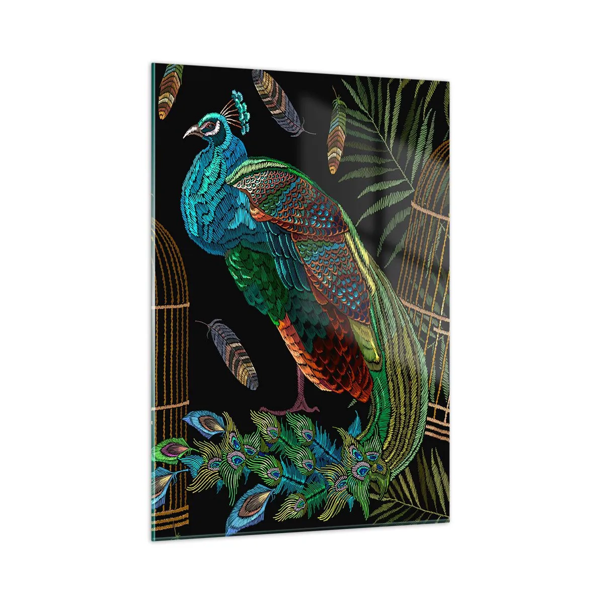 Glasbild - Bild auf glas - Bunte Pfauen und ein Käfig auf schwarzem Hintergrund - 50x70cm - In königlichen Gewändern - Moderne Wanddekoration für Wohnzimmer und Schlafzimmer ARTTOR