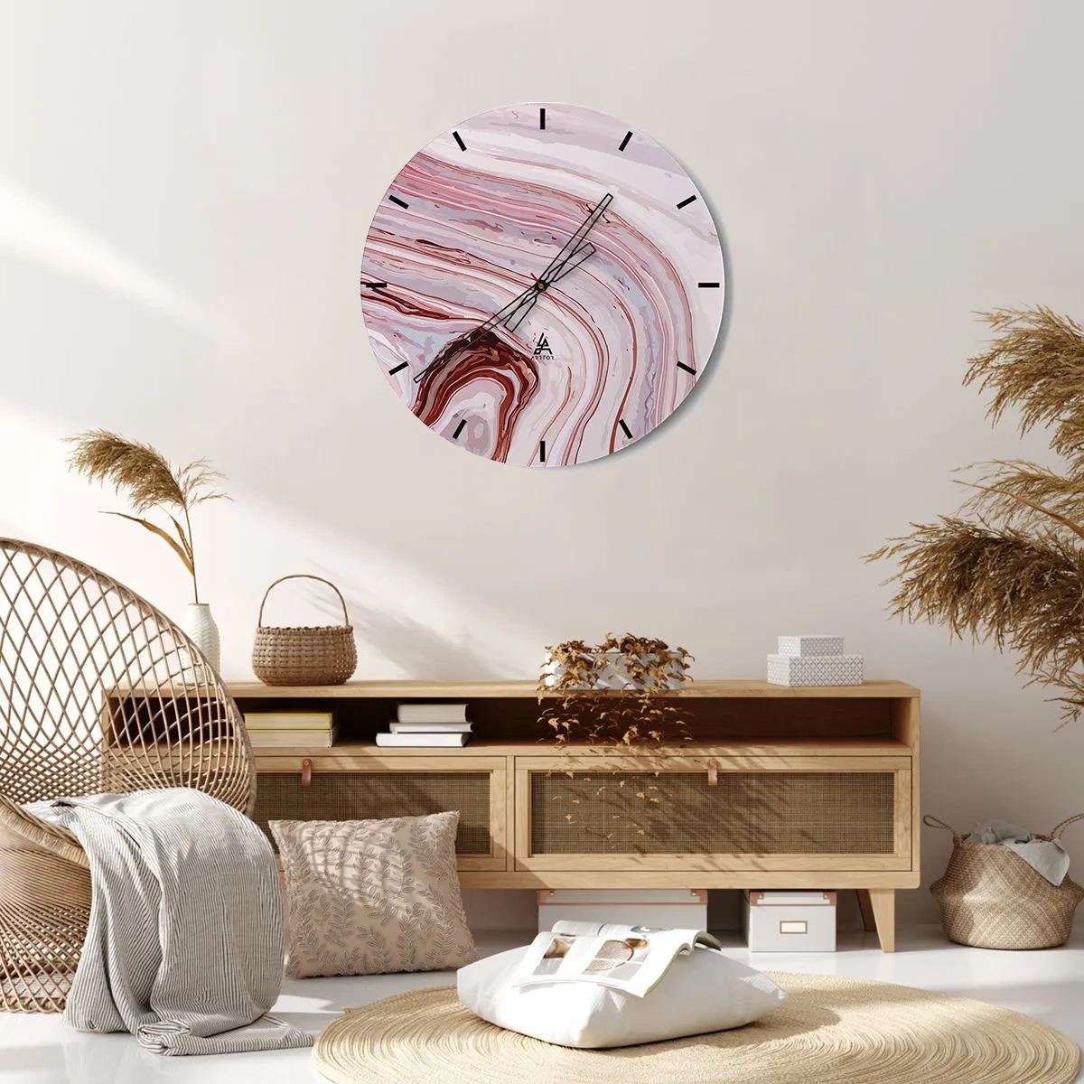 Wanduhr - Glasuhr - Abstrakte Wellen in Rosa- und Rottönen auf hellem Hintergrund - 30x30cm - Geradeaus, dann rechts runter - Moderne Wanddekoration für Wohnzimmer, Küche und Schlafzimmer ARTTOR