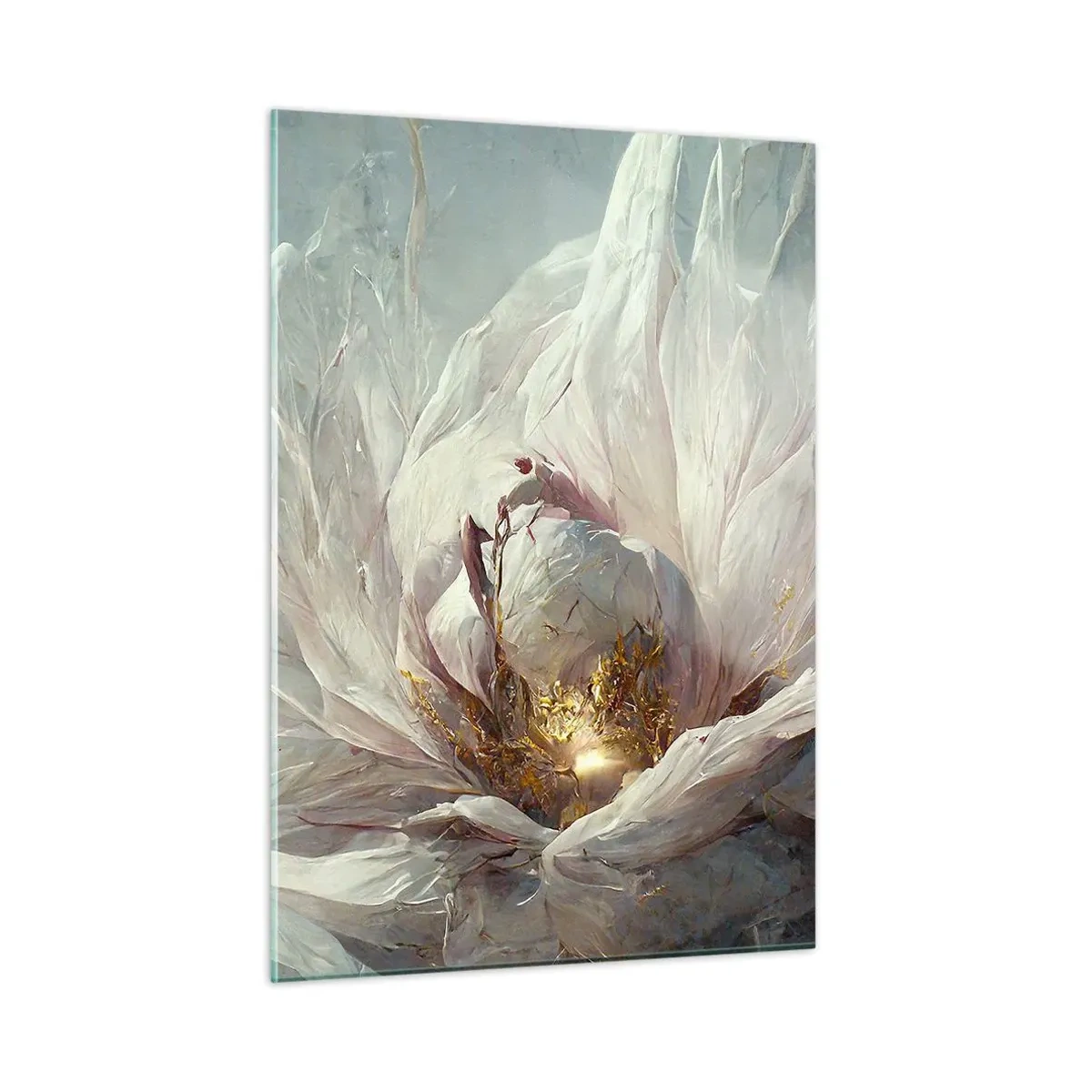 Glasbild - Bild auf glas - Eine blühende Blume in zarten Grau- und Goldtönen - 50x70cm - Sie blüht alle hundert Jahre einmal - Moderne Wanddekoration für Wohnzimmer und Schlafzimmer ARTTOR