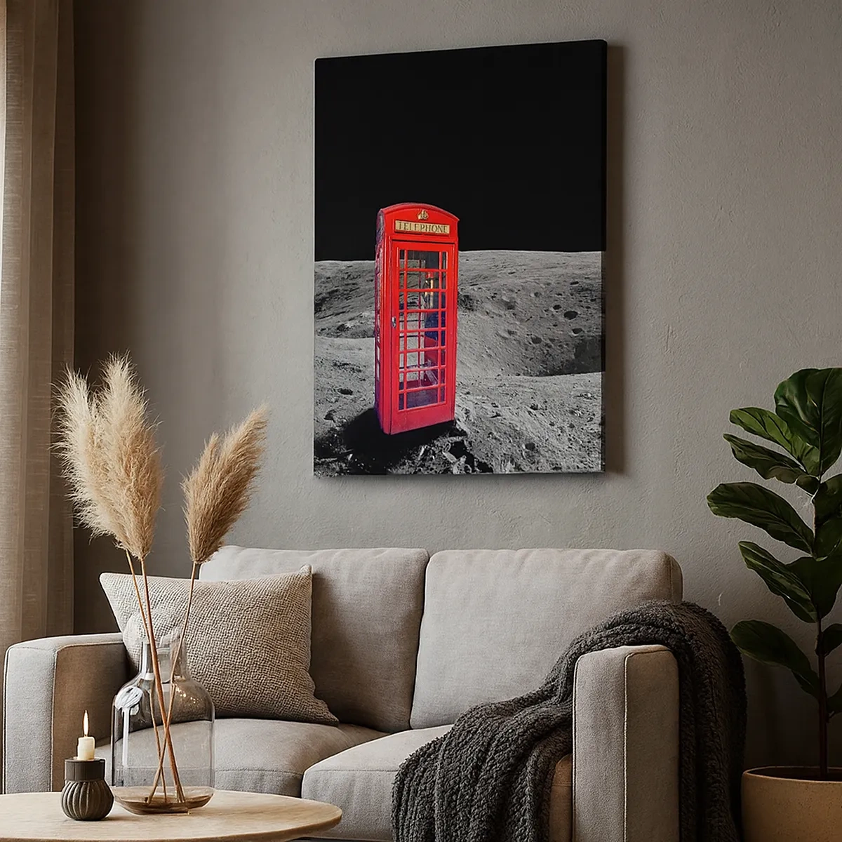 Bild auf Leinwand - Leinwandbild - Rote Telefonzelle auf dem Mond - 50x70cm - Ein kosmischer Witz - Moderne Wanddekoration für Wohnzimmer und Schlafzimmer ARTTOR