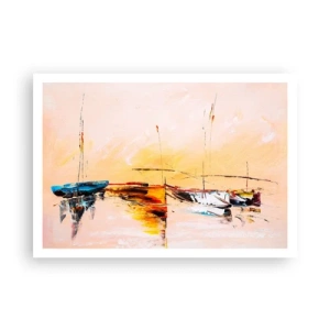 Poster - Bunte Boote auf ruhigem Wasser bei Sonnenuntergang - 100x70cm - Abend im Yachthafen - Moderne Wanddekoration für Wohnzimmer und Schlafzimmer ARTTOR