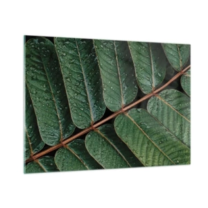 Glasbild - Bild auf glas - Nahaufnahme von grünen Blättern mit Wassertropfen - 100x70cm - Im grünen Rhythmus - Moderne Wanddekoration für Wohnzimmer und Schlafzimmer ARTTOR