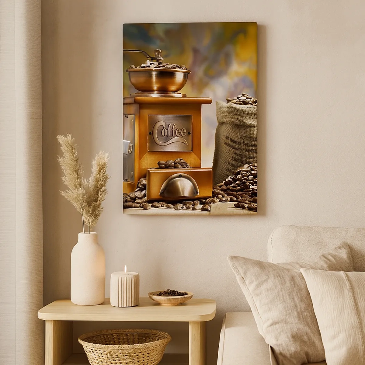 Bild auf Leinwand - Leinwandbild - Kaffeemühle mit Bohnen und einer Tasse auf dem Hintergrund - 50x70cm - Das Knirschen der Körner, das Rasseln einer Mühle - Moderne Wanddekoration für Wohnzimmer und Schlafzimmer ARTTOR