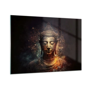 Glasbild - Bild auf glas - Eine goldene Buddhafigur auf dunklem Hintergrund mit Ornamenten - 100x70cm - Spirituelles Gleichgewicht - Moderne Wanddekoration für Wohnzimmer und Schlafzimmer ARTTOR