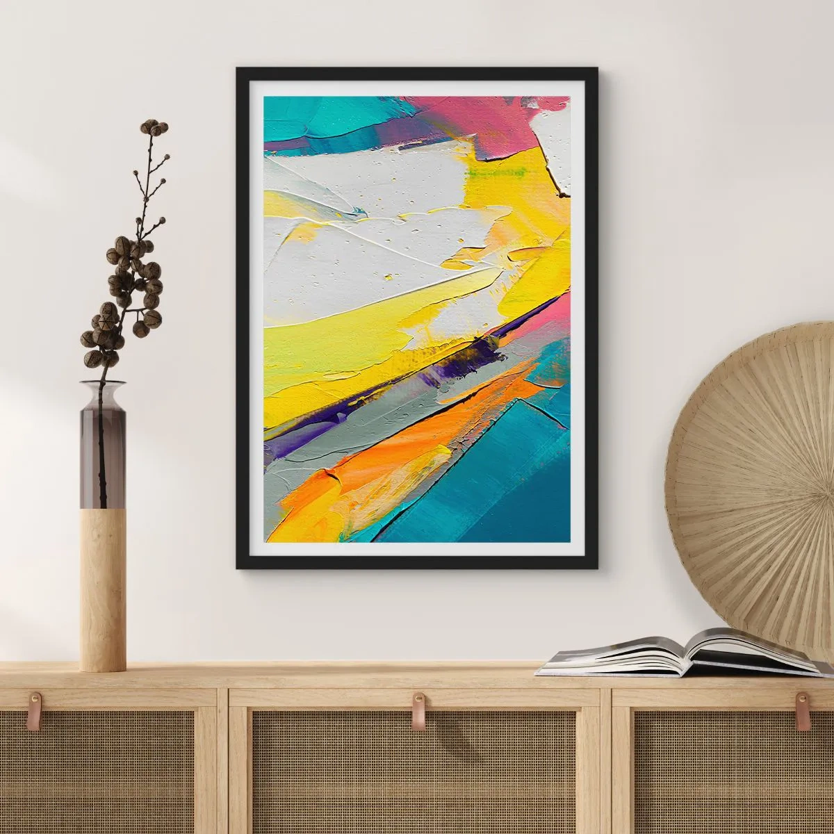 Poster in einem schwarzem Rahmen - Ein abstraktes Gemälde mit dynamischen Farben in hellen Tönen. - 50x70cm - Die Anatomie des Lichts - Moderne Wanddekoration für Wohnzimmer und Schlafzimmer ARTTOR