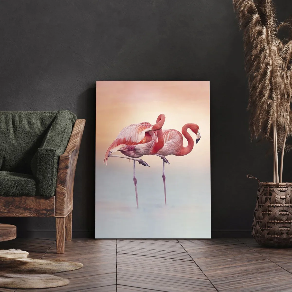 Bild auf Leinwand - Leinwandbild - Flamingos in zarten Pastellfarben auf Wasserhintergrund - 50x70cm - Die Farbe der untergehenden Sonne - Moderne Wanddekoration für Wohnzimmer und Schlafzimmer ARTTOR