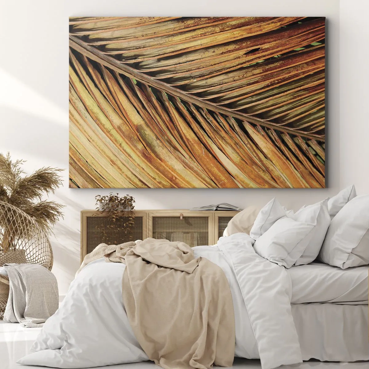 Bild auf Leinwand - Leinwandbild - Nahaufnahme eines trockenen Palmblattes in warmen Tönen - 70x50cm - Kokosnuss-Gold - Moderne Wanddekoration für Wohnzimmer und Schlafzimmer ARTTOR