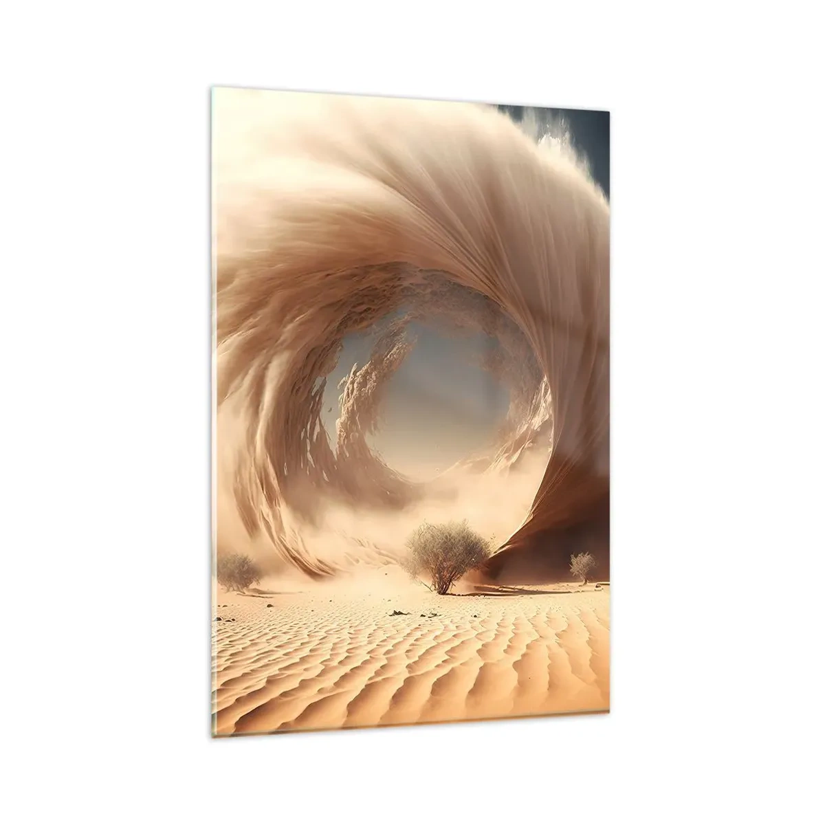 Glasbild - Bild auf glas - Dynamischer Sandwirbel in einer Wüste mit Bäumen - 80x120cm - Geöffnetes Portal - Moderne Wanddekoration für Wohnzimmer und Schlafzimmer ARTTOR