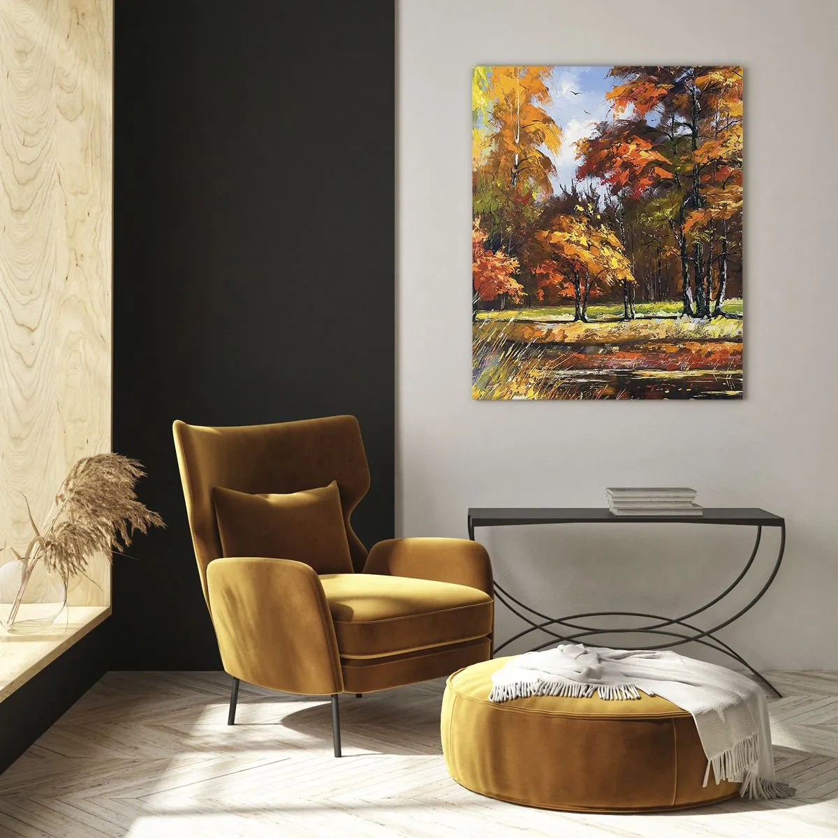 Glasbild - Bild auf glas - Herbstlandschaft mit bunten Bäumen und einem Teich - 80x120cm - Landschaft in Gold und Bronze - Moderne Wanddekoration für Wohnzimmer und Schlafzimmer ARTTOR