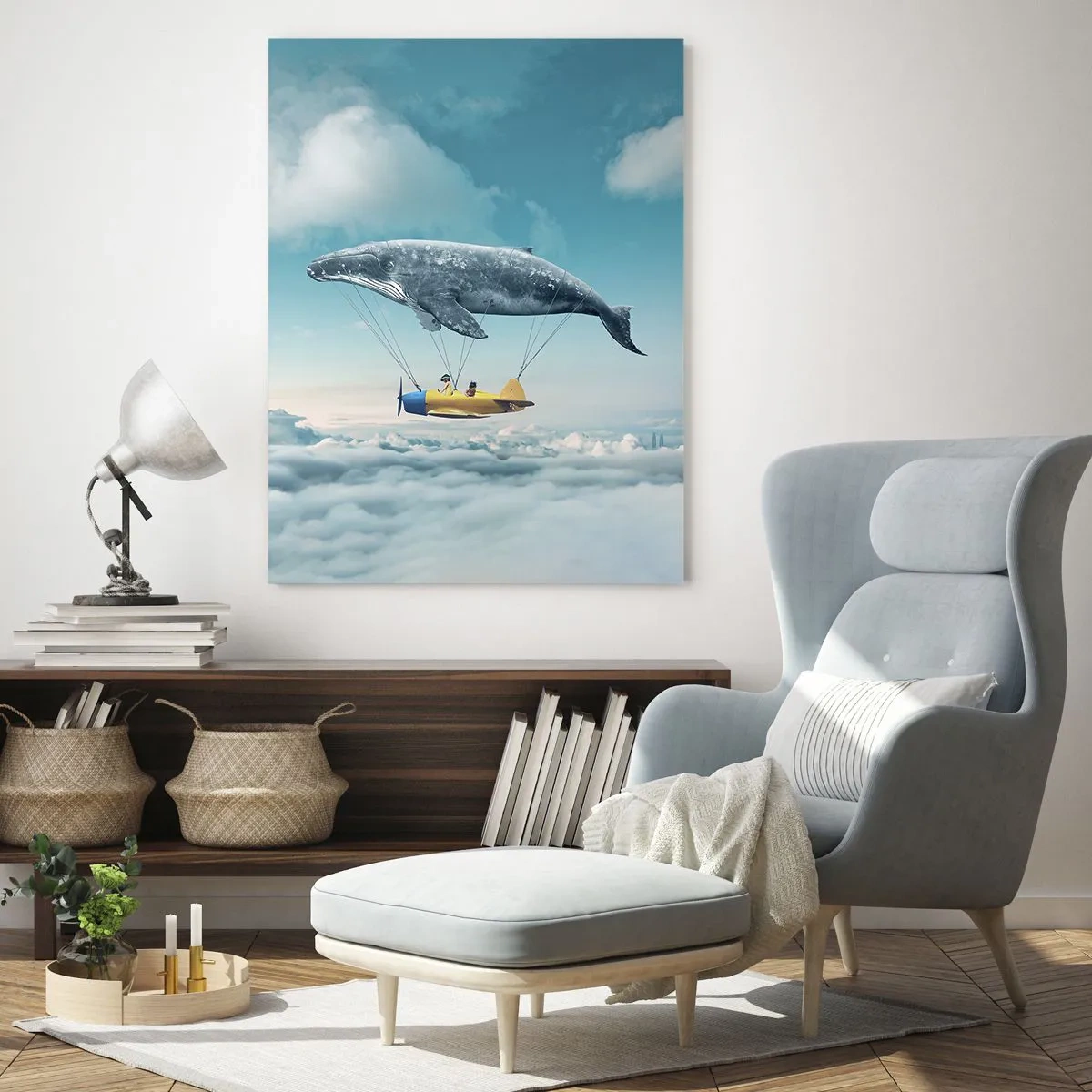 Glasbild - Bild auf glas - In einer surrealen Umgebung hebt ein Wal ein Flugzeug über die Wolken. - 50x70cm - Warum nicht? - Moderne Wanddekoration für Wohnzimmer und Schlafzimmer ARTTOR