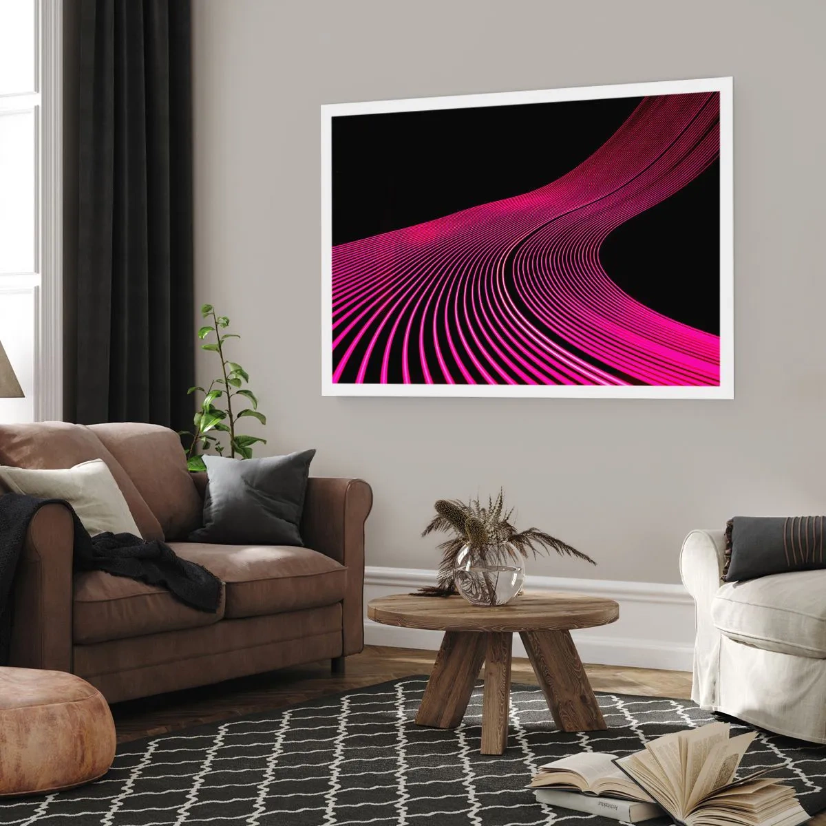 Poster - Futuristische Linien in Rosatönen auf schwarzem Hintergrund - 100x70cm - Allee des Lichts - Moderne Wanddekoration für Wohnzimmer und Schlafzimmer ARTTOR