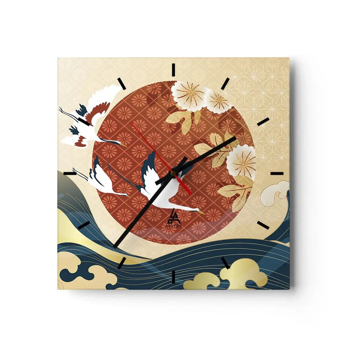 Wanduhr - Glasuhr - Japanische Komposition mit Kranichen und Wellen - 30x30cm - Japanisches Märchen - Moderne Wanddekoration für Wohnzimmer und Schlafzimmer ARTTOR