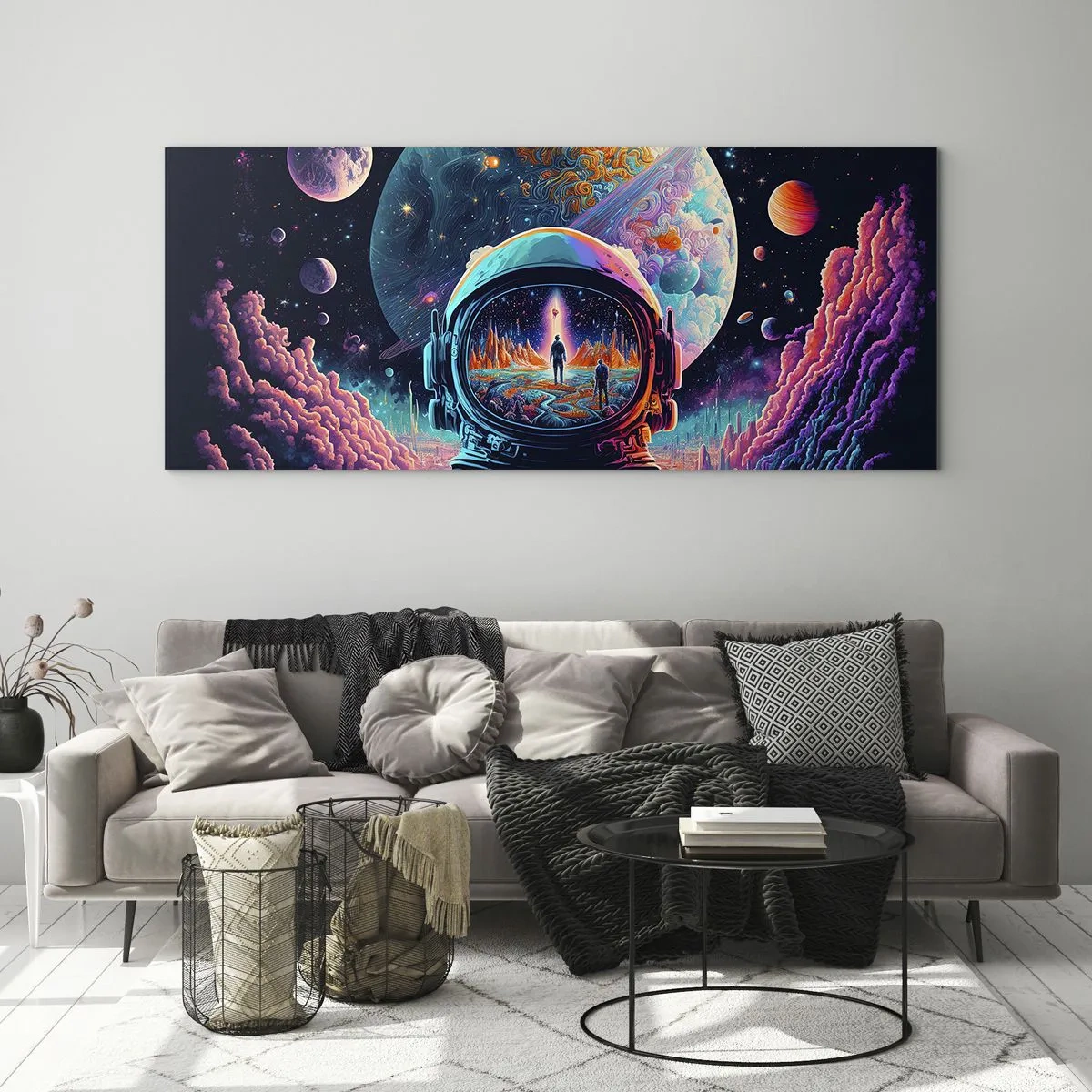 Glasbild - Bild auf glas - Astronaut im Weltraum mit einer farbenfrohen Planetenlandschaft - 140x50cm - Philosophen haben nicht davon geträumt - Moderne Wanddekoration für Wohnzimmer und Schlafzimmer ARTTOR