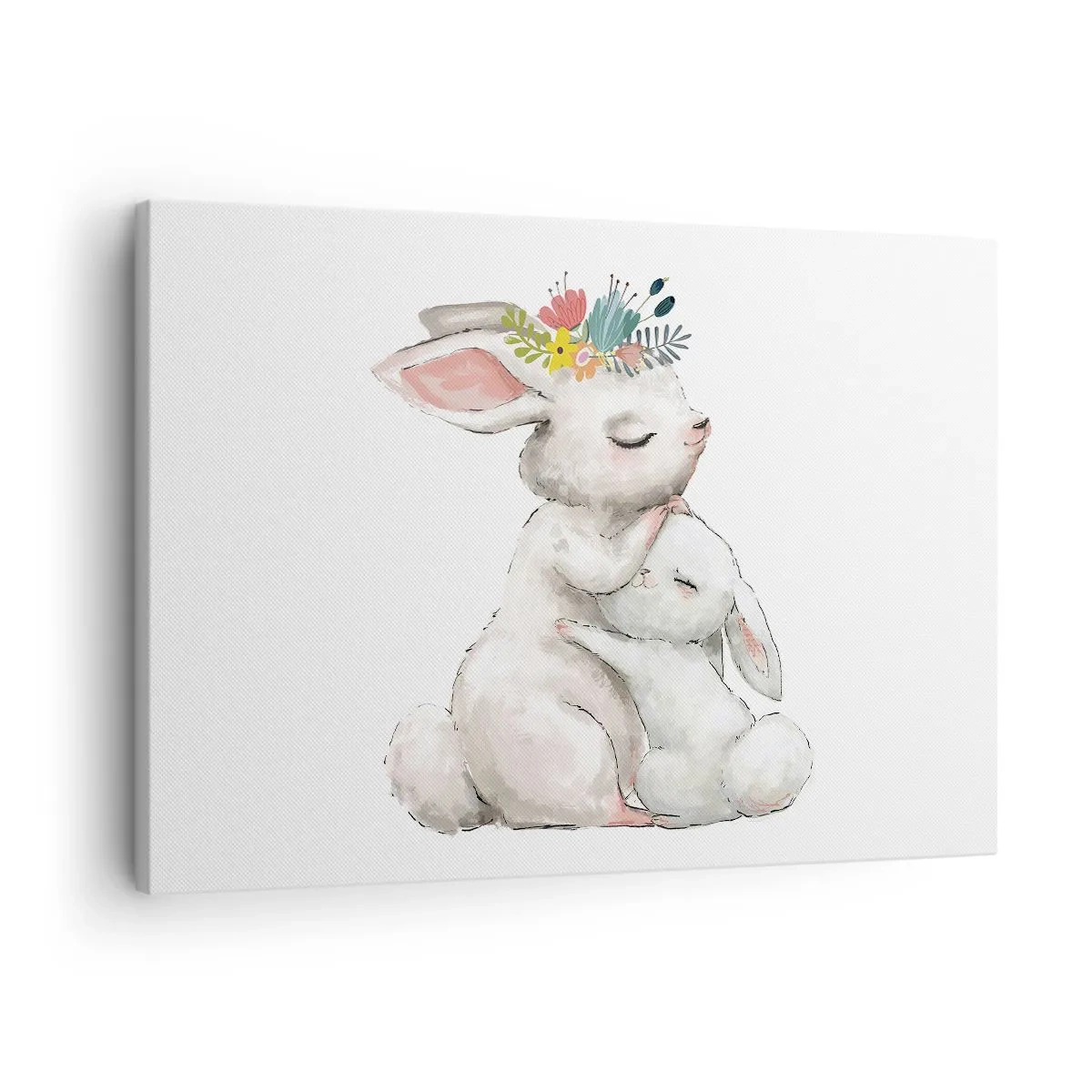 Bild auf Leinwand - Leinwandbild - Niedliche Kaninchen in Pastellfarben - 70x50cm - Bei Mama ist's am schönsten - Moderne Wanddekoration für Wohnzimmer und Schlafzimmer ARTTOR