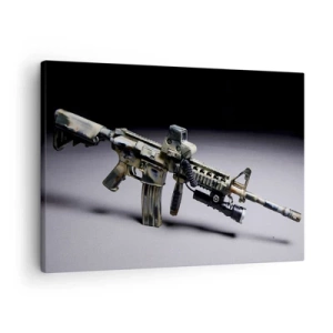 Bild auf Leinwand - Leinwandbild - Moderne Waffe in Tarnfarbe auf dunklem Hintergrund - 70x50cm - Immer bedrohlich - Moderne Wanddekoration für Wohnzimmer und Schlafzimmer ARTTOR