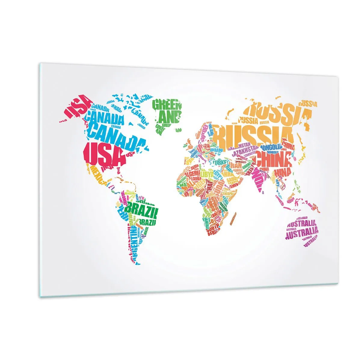Glasbild - Bild auf glas - Eine Weltkarte mit bunten Ländernamen - 120x80cm - Ich möchte sie alle treffen - Moderne Wanddekoration für Wohnzimmer und Schlafzimmer ARTTOR