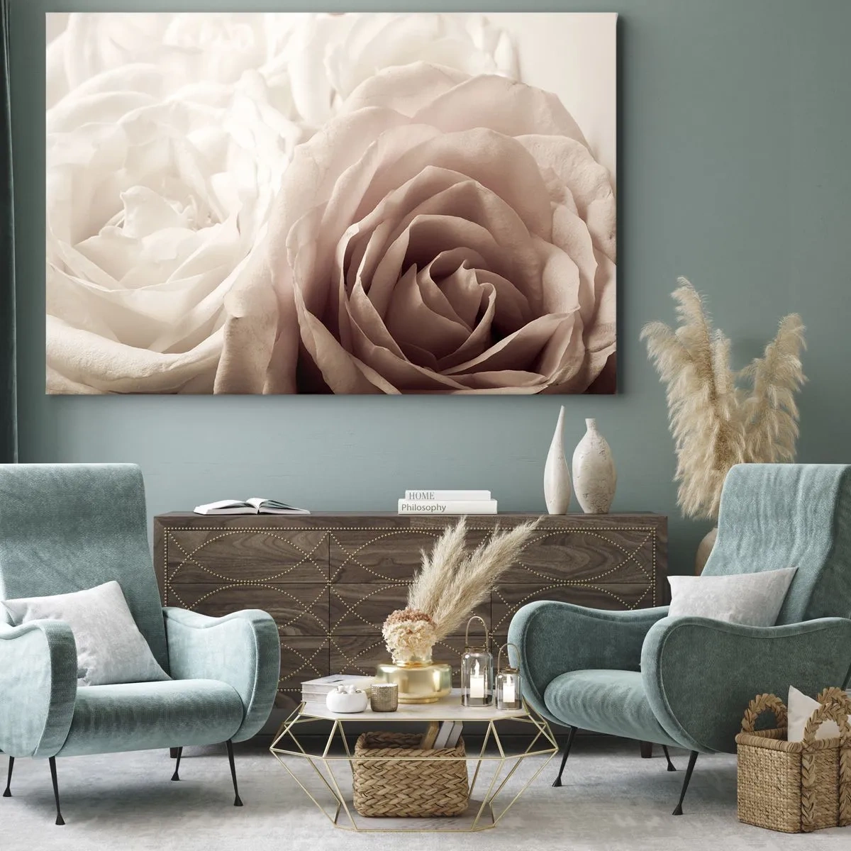 Bild auf Leinwand - Leinwandbild - Zarte Rosen in pastelligen Beigetönen - 100x70cm - Im Herzen der Rose - Moderne Wanddekoration für Wohnzimmer und Schlafzimmer ARTTOR
