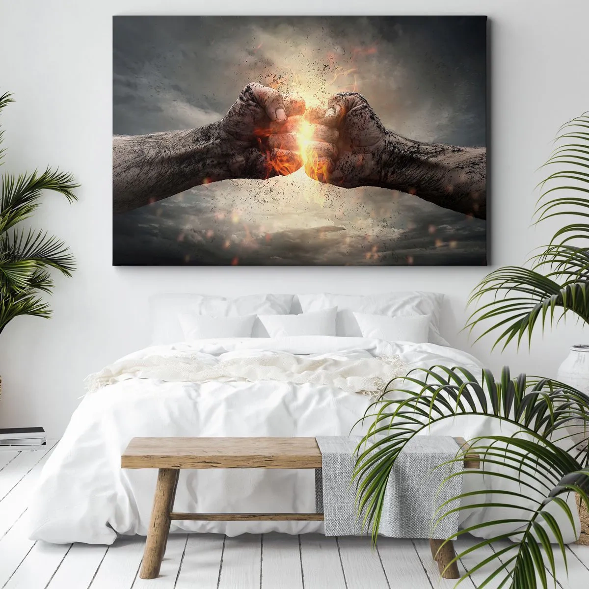 Bild auf Leinwand - Leinwandbild - Geballte Fäuste in einer dynamischen Brandszene - 70x50cm - Steh auf für einen Kampf - Moderne Wanddekoration für Wohnzimmer und Schlafzimmer ARTTOR