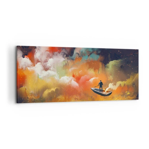 Bild auf Leinwand - Leinwandbild - Eine Figur in einem Boot vor einem Hintergrund aus bunten Wolken - 120x50cm - Mit dem Boot durch die Galaxie - Moderne Wanddekoration für Wohnzimmer und Schlafzimmer ARTTOR