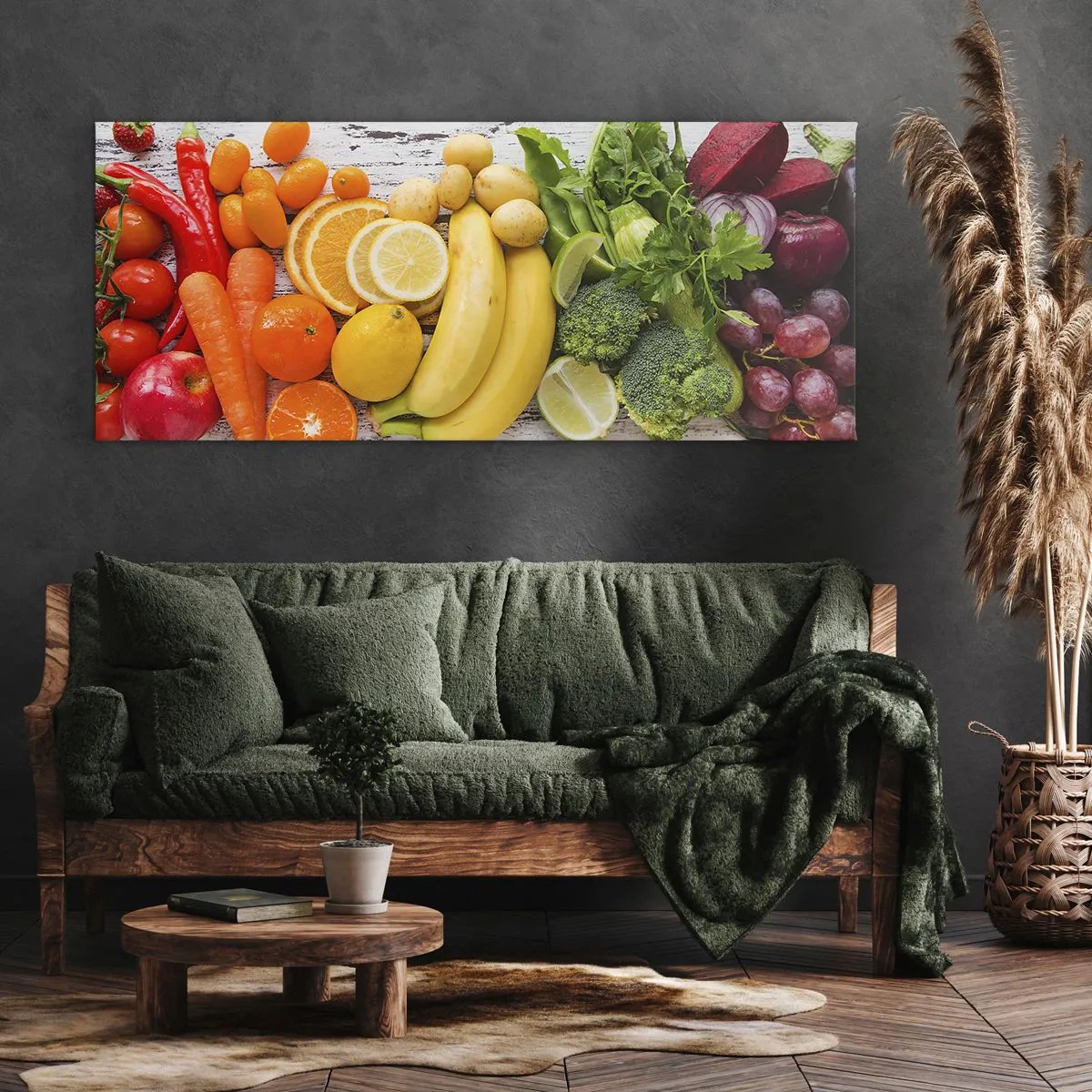 Bild auf Leinwand - Leinwandbild - Buntes Obst und Gemüse auf einem hölzernen Hintergrund - 120x50cm - Es ist nicht genug? - Moderne Wanddekoration für Wohnzimmer und Schlafzimmer ARTTOR