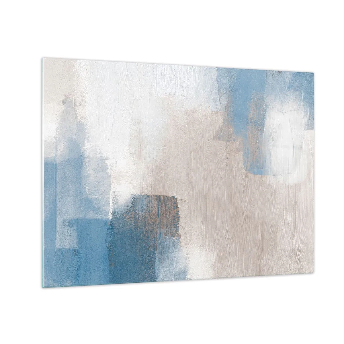 Glasbild - Bild auf glas - Beige und blaue Abstraktion in Pastellfarben - 70x50cm - Rosa Abstraktion hinter einem blauen Vorhang - Moderne Wanddekoration für Wohnzimmer und Schlafzimmer ARTTOR