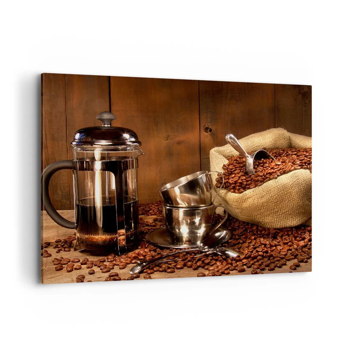 Bild auf Leinwand - Leinwandbild - French Press, Tassen und eine Tüte Kaffee auf einem hölzernen Hintergrund - 100x70cm - Der Charme des Kaffees - Aroma und Geschmack - Moderne Wanddekoration für Wohnzimmer und Schlafzimmer ARTTOR