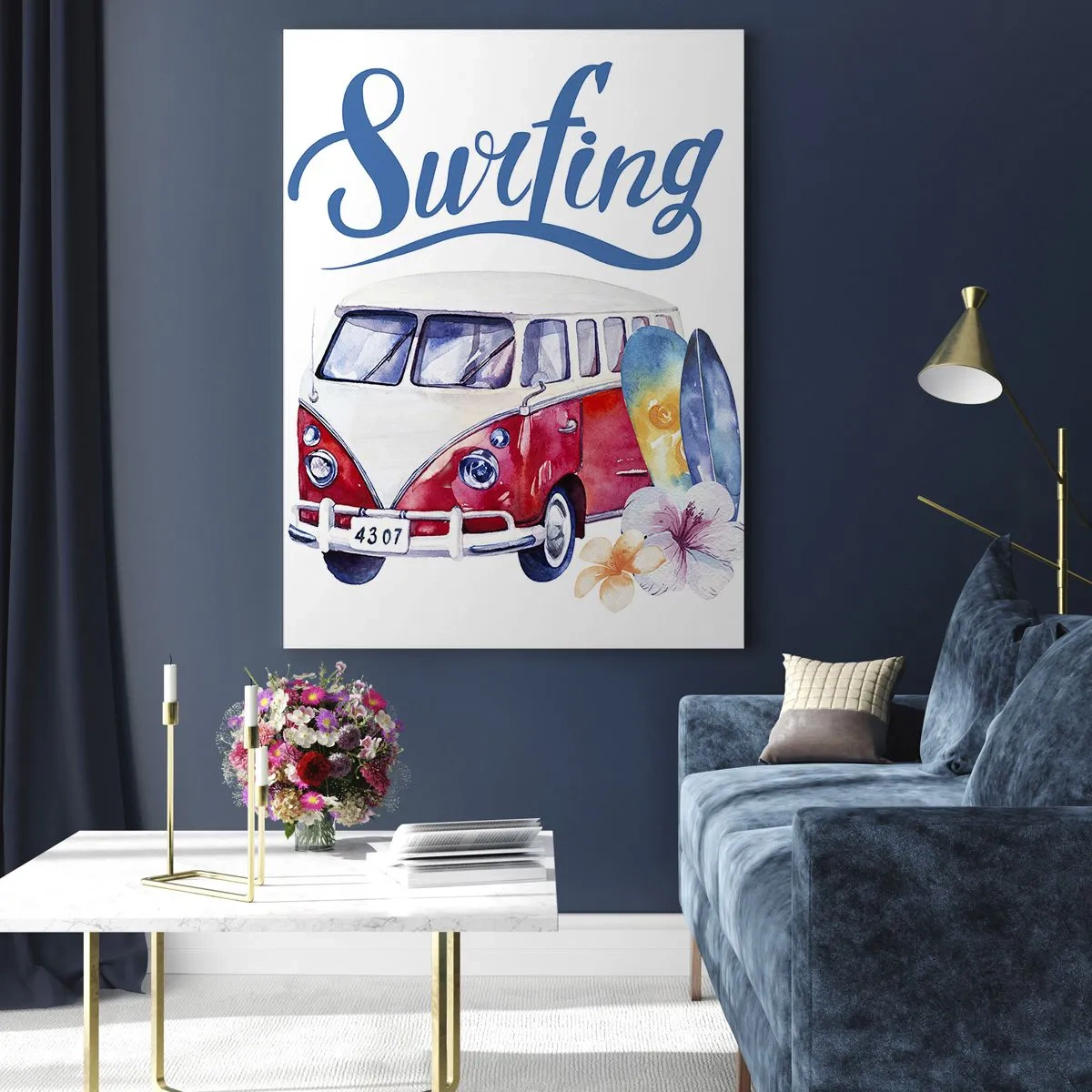 Glasbild - Bild auf glas - Bunte Grafiken mit einem Bus und einem Surfthema - 70x100cm - Gurke - ein Klassiker für einen Surfer - Moderne Wanddekoration für Wohnzimmer und Schlafzimmer ARTTOR