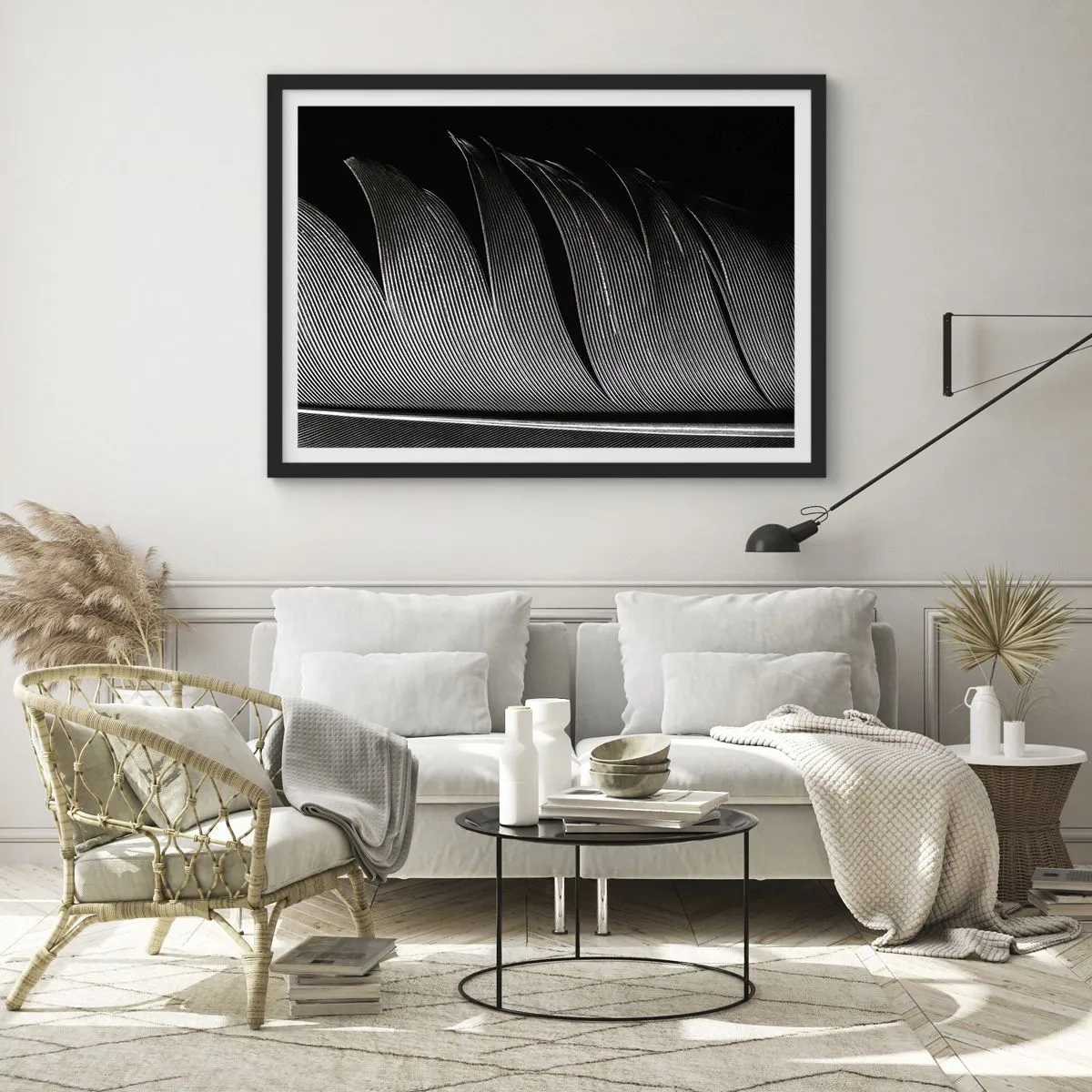 Poster in einem schwarzem Rahmen - Schwarz-weiße Federstruktur im minimalistischen Stil - 70x50cm - Stift – ein wunderbares Design - Moderne Wanddekoration für Wohnzimmer und Schlafzimmer ARTTOR